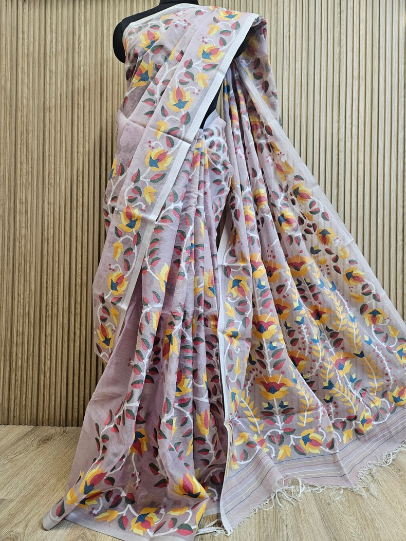 Light Pink Multicolor Floral Handwoven Muslin Silk Jamdani Saree Balaram Saha
