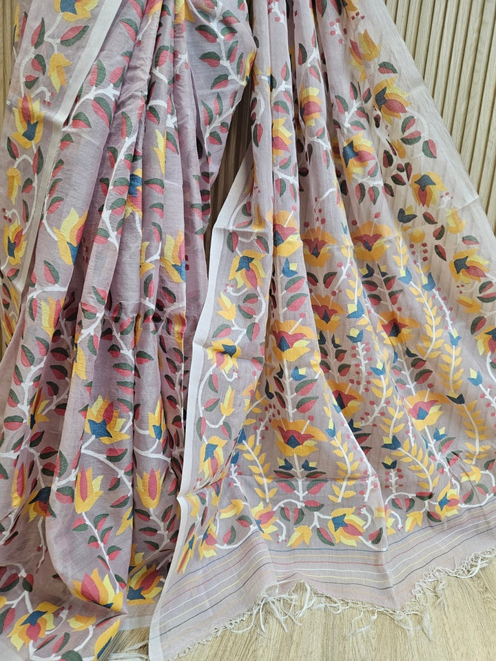 Light Pink Multicolor Floral Handwoven Muslin Silk Jamdani Saree Balaram Saha