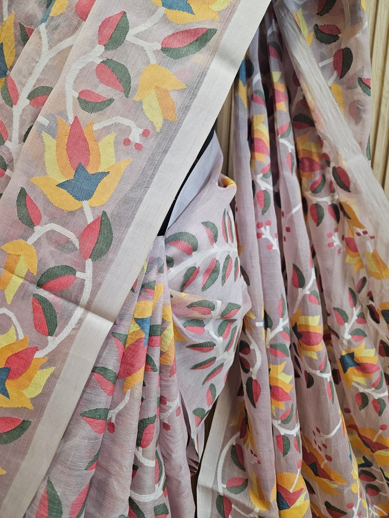 Light Pink Multicolor Floral Handwoven Muslin Silk Jamdani Saree Balaram Saha
