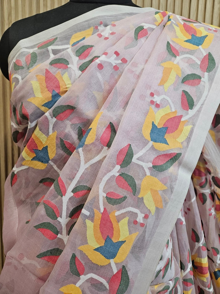 Light Pink Multicolor Floral Handwoven Muslin Silk Jamdani Saree Balaram Saha