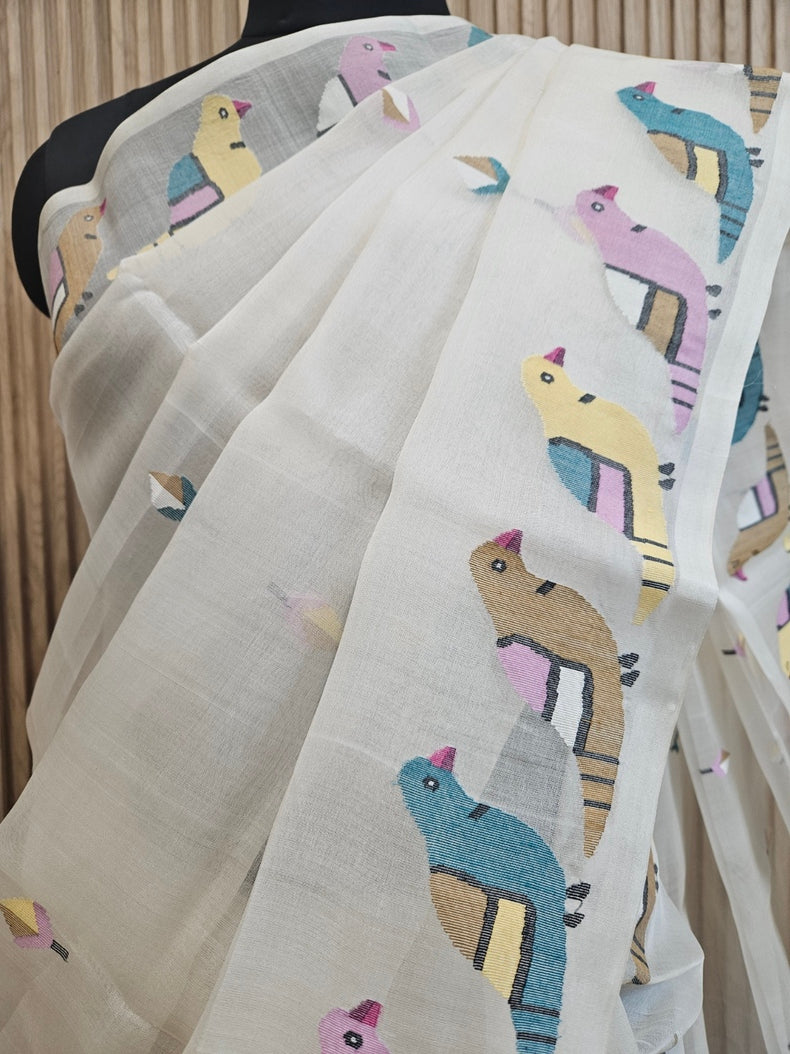 Off White Handwoven Muslin Silk Jamdani Saree with Colorful Bird Motifs Balaram Saha