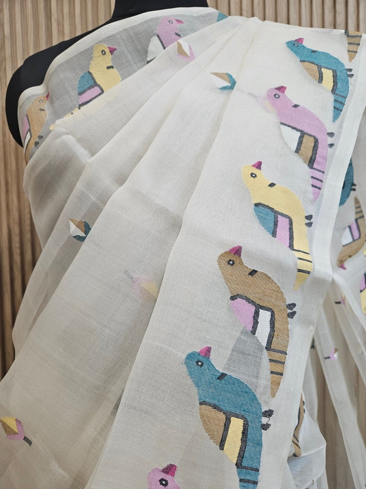 Off White Handwoven Muslin Silk Jamdani Saree with Colorful Bird Motifs Balaram Saha