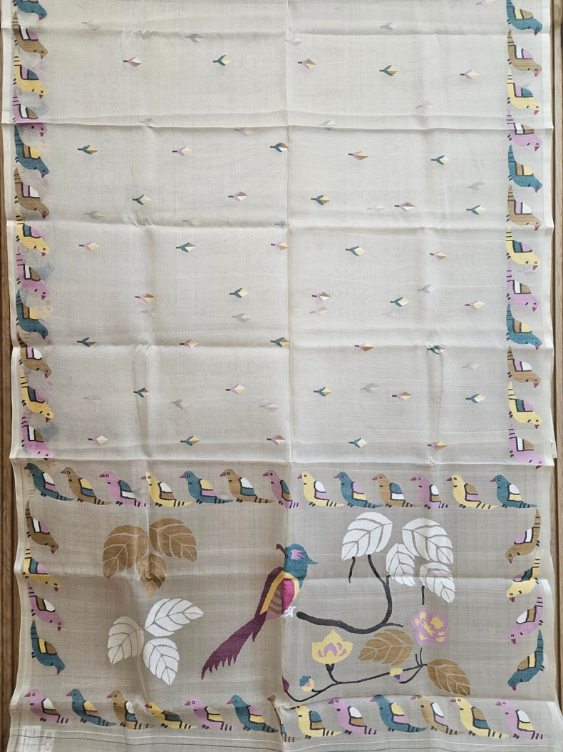 Off White Handwoven Muslin Silk Jamdani Saree with Colorful Bird Motifs Balaram Saha