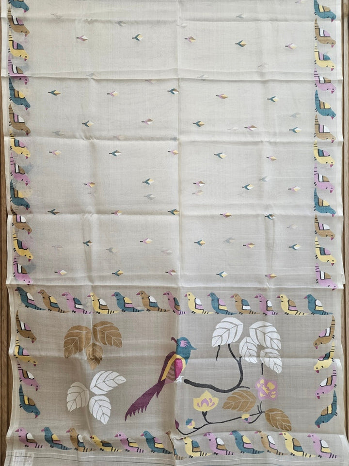 Off White Handwoven Muslin Silk Jamdani Saree with Colorful Bird Motifs Balaram Saha