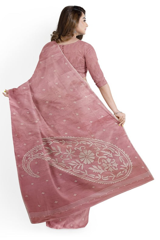 Handwoven Onion Pink & White Tussar Silk Jamdani Saree by Balaram Saha - (handloom saree, silk saree, handloom silk saree, balaram saha online, silk sarees, silk handloom saree, bengal handloom sarees, pure silk, silk saree online, tussar silk saree, tussar silk)   https://www.espn.com/