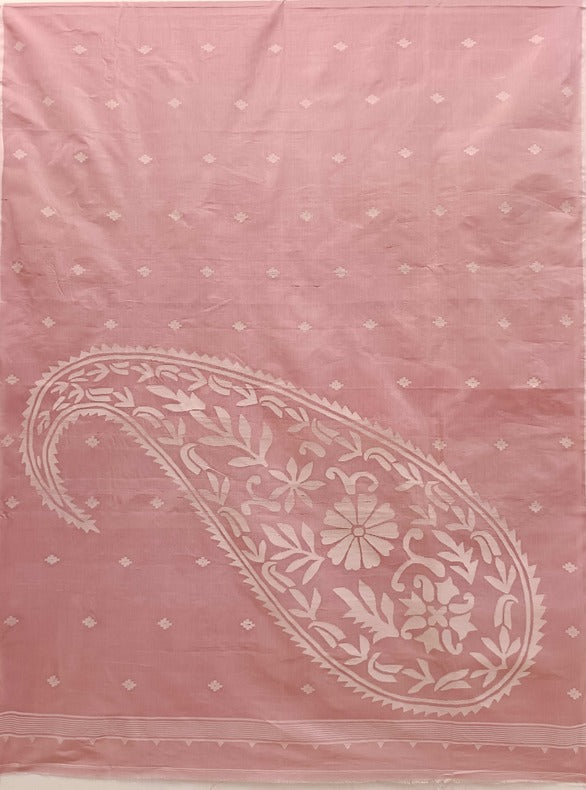 Handwoven Onion Pink & White Tussar Silk Jamdani Saree by Balaram Saha - (handloom saree, silk saree, handloom silk saree, balaram saha online, silk sarees, silk handloom saree, bengal handloom sarees, pure silk, silk saree online, tussar silk saree, tussar silk)