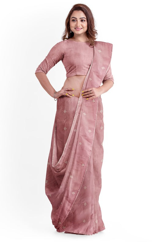 Handwoven Onion Pink & White Tussar Silk Jamdani Saree by Balaram Saha - (handloom saree, silk saree, handloom silk saree, balaram saha online, silk sarees, silk handloom saree, bengal handloom sarees, pure silk, silk saree online, tussar silk saree, tussar silk)