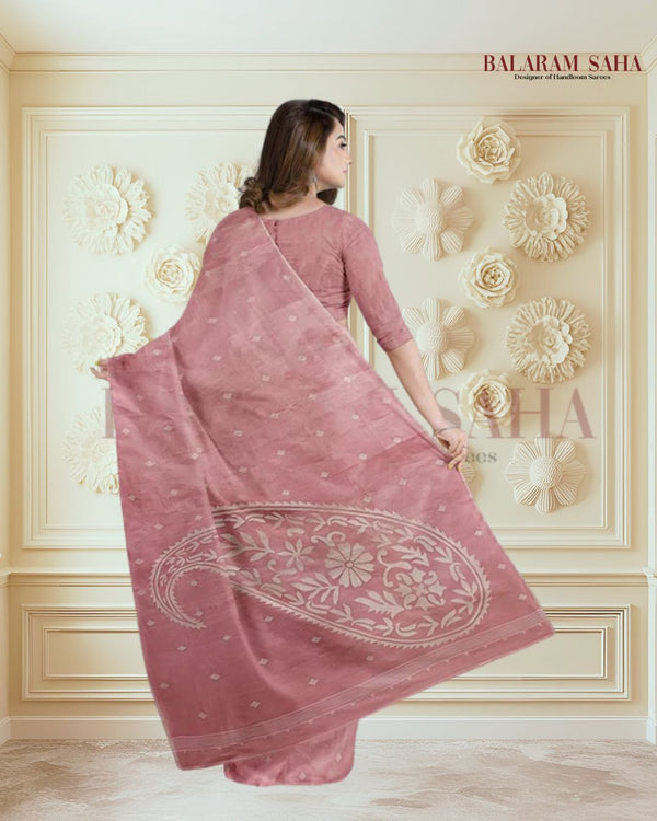Handwoven Onion Pink & White Tussar Silk Jamdani Saree by Balaram Saha - (handloom saree, silk saree, handloom silk saree, balaram saha online, silk sarees, silk handloom saree, bengal handloom sarees, pure silk, silk saree online, tussar silk saree, tussar silk)   https://www.espn.com/