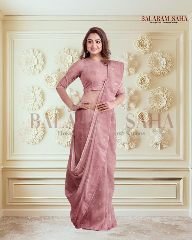 Handwoven Onion Pink & White Tussar Silk Jamdani Saree by Balaram Saha - (handloom saree, silk saree, handloom silk saree, balaram saha online, silk sarees, silk handloom saree, bengal handloom sarees, pure silk, silk saree online, tussar silk saree, tussar silk)