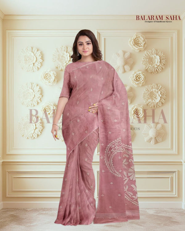 Handwoven Onion Pink & White Tussar Silk Jamdani Saree by Balaram Saha - (handloom saree, silk saree, handloom silk saree, balaram saha online, silk sarees, silk handloom saree, bengal handloom sarees, pure silk, silk saree online, tussar silk saree, tussar silk)     https://www.livejournal.com/