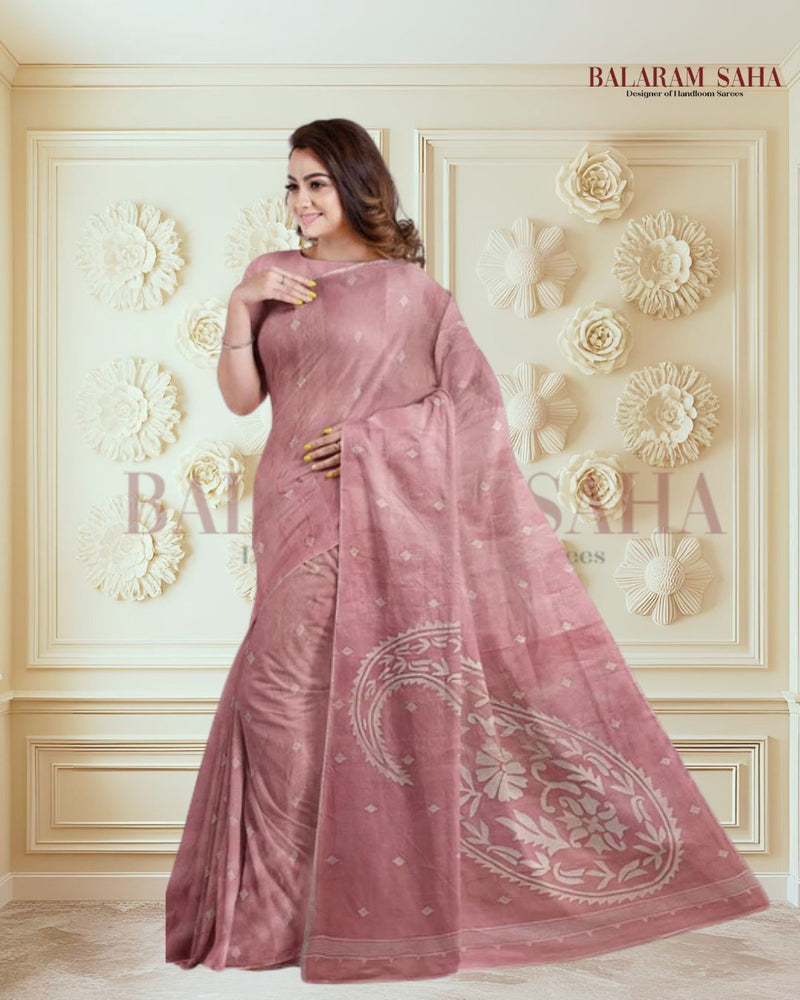 Handwoven Onion Pink & White Tussar Silk Jamdani Saree by Balaram Saha - (handloom saree, silk saree, handloom silk saree, balaram saha online, silk sarees, silk handloom saree, bengal handloom sarees, pure silk, silk saree online, tussar silk saree, tussar silk)     https://web.mit.edu/