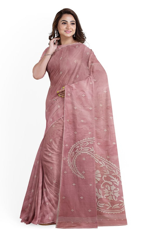 Handwoven Onion Pink & White Tussar Silk Jamdani Saree by Balaram Saha - (handloom saree, silk saree, handloom silk saree, balaram saha online, silk sarees, silk handloom saree, bengal handloom sarees, pure silk, silk saree online, tussar silk saree, tussar silk)        https://www.pinterest.fr/