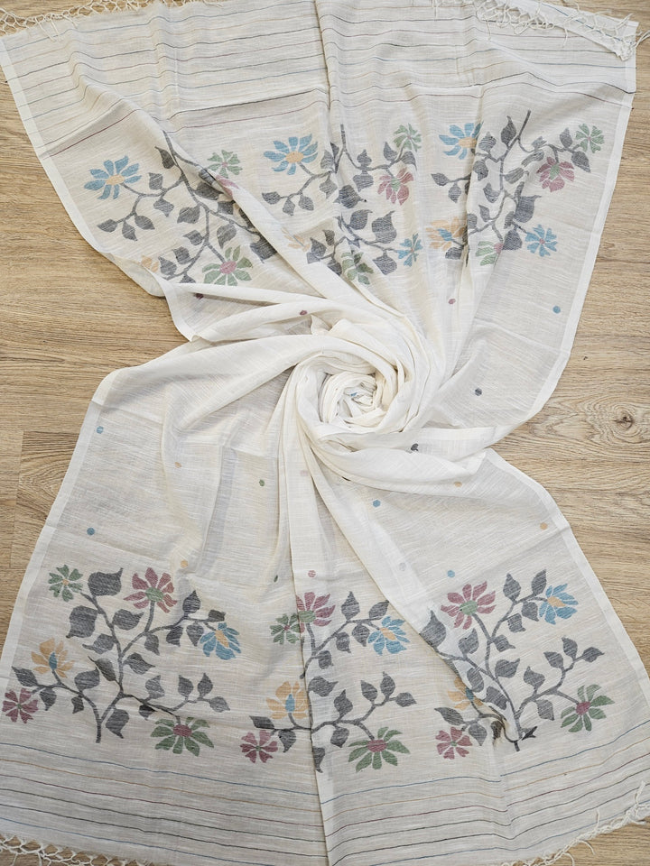 Handwoven Perfection: Balaram Saha's White Cotton Jamdani Unstitched Set - (balaram saha online, Handloom Dupatta, Handwoven Jamdani, Handspun Cotton, jamdani dupatta, balaram saha dupatta, cotton jamdani dupatta, jamdani dupatta online, dhakai jamdani dupatta, dupatta collection, dupatta)   https://www.mozilla.org/en-US/