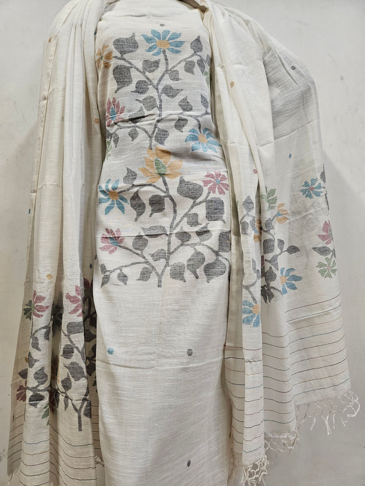 Handwoven Perfection: Balaram Saha's White Cotton Jamdani Unstitched Set - (balaram saha online, Handloom Dupatta, Handwoven Jamdani, Handspun Cotton, jamdani dupatta, balaram saha dupatta, cotton jamdani dupatta, jamdani dupatta online, dhakai jamdani dupatta, dupatta collection, dupatta)   https://www.blogger.com/about/?bpli=1
