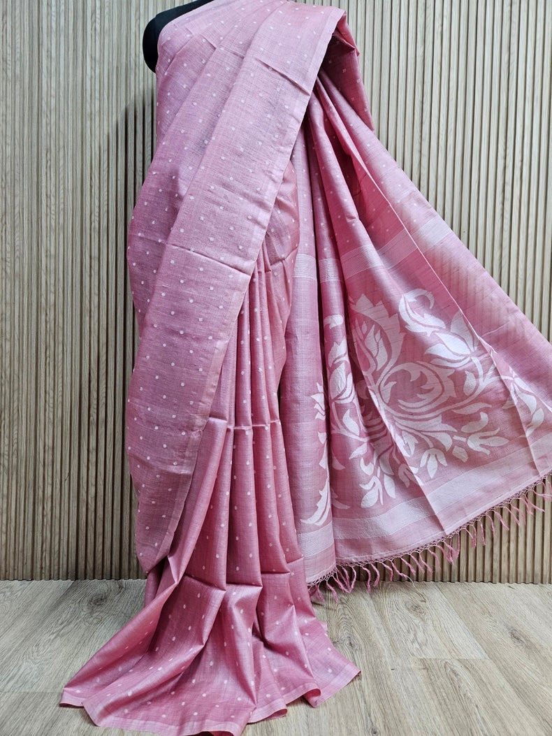 Experience Timeless Grace With This Pink & White Handloom Tussar Silk Saree Balaram Saha