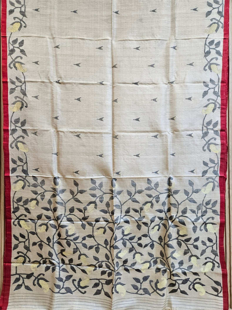 Cream &amp; Red Handloom Tussar Silk Saree with Red Contrast Border and Black Faloral Jamdani Balaram Saha