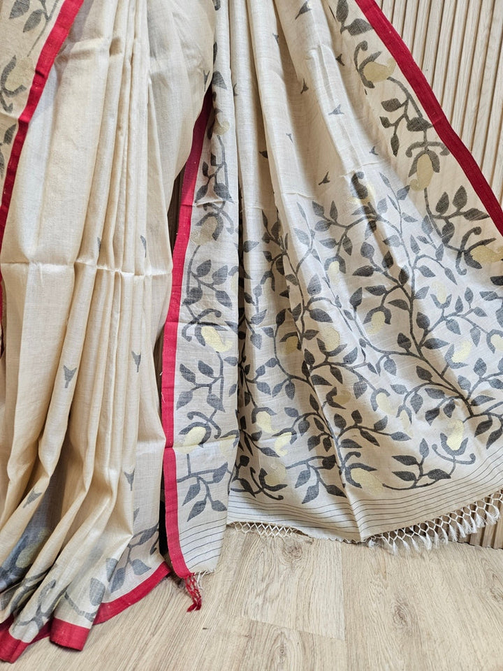 Cream &amp; Red Handloom Tussar Silk Saree with Red Contrast Border and Black Faloral Jamdani Balaram Saha