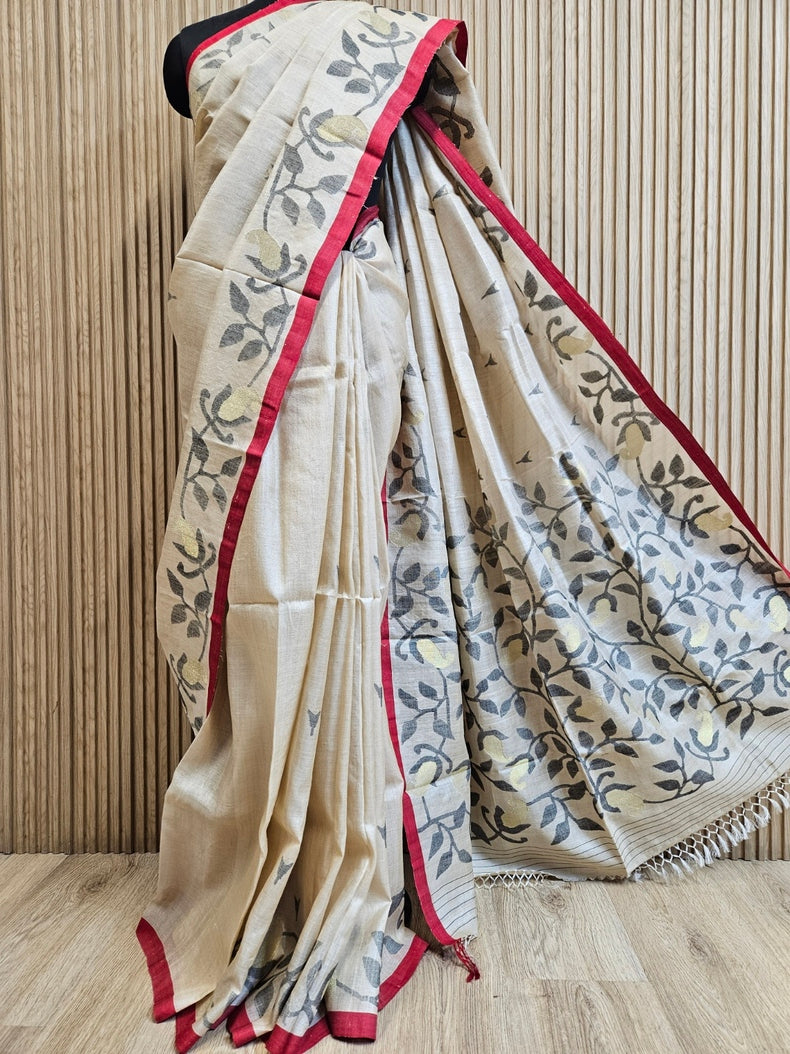 Cream &amp; Red Handloom Tussar Silk Saree with Red Contrast Border and Black Faloral Jamdani Balaram Saha