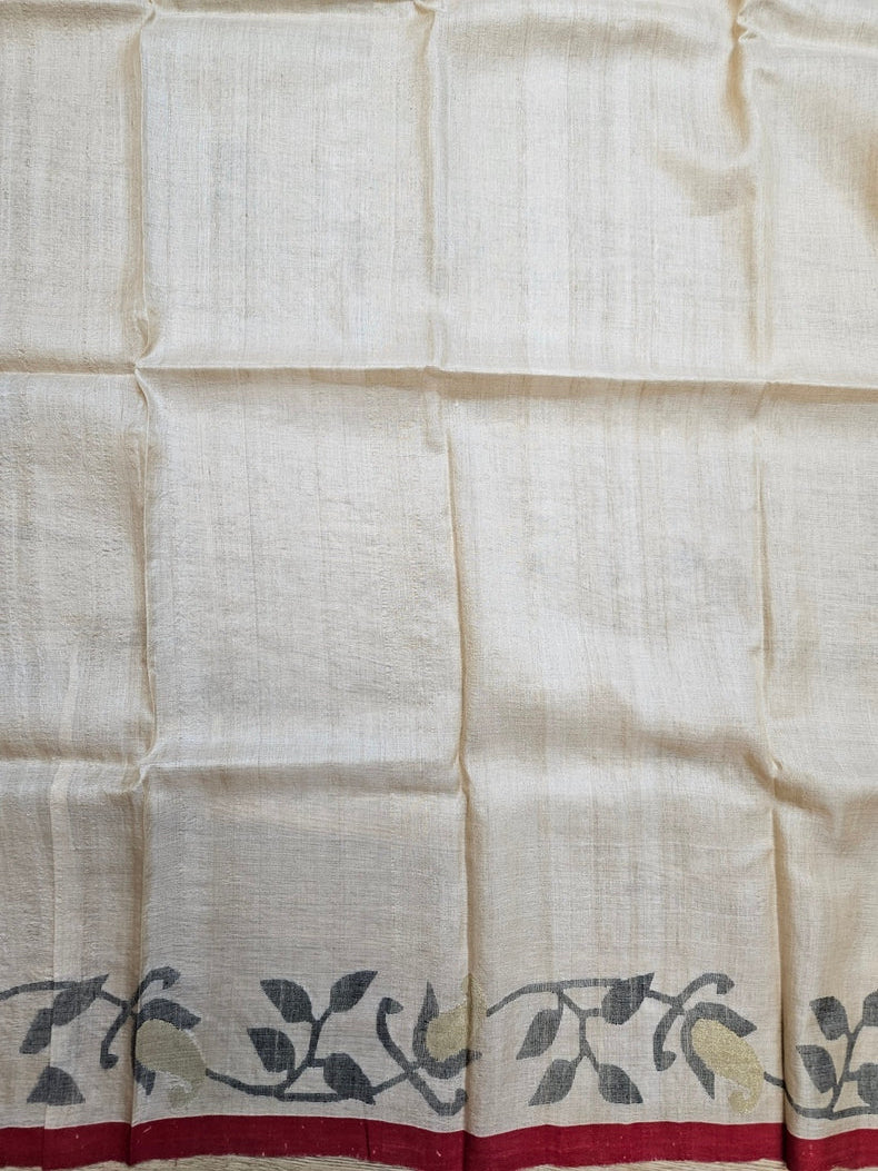 Cream &amp; Red Handloom Tussar Silk Saree with Red Contrast Border and Black Faloral Jamdani Balaram Saha