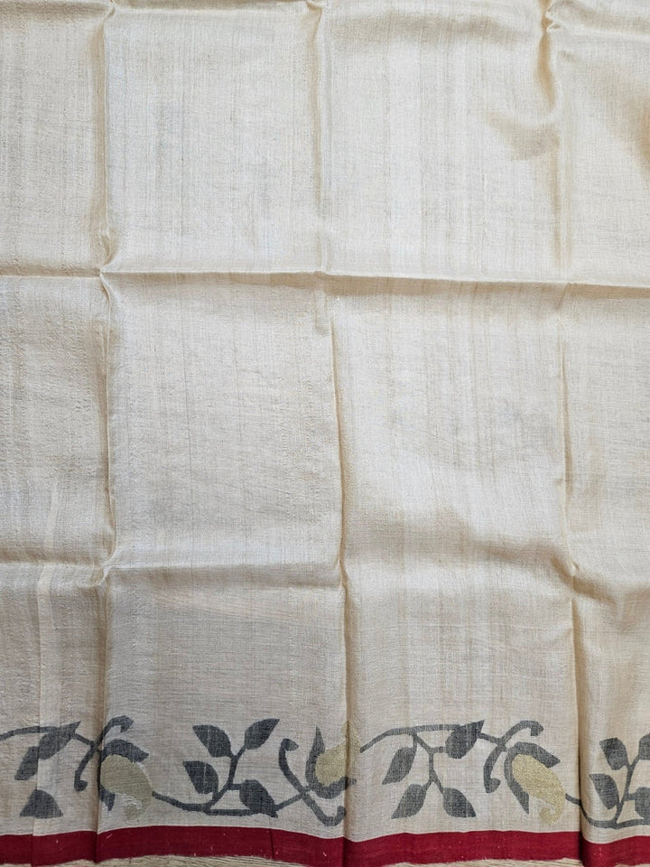 Cream &amp; Red Handloom Tussar Silk Saree with Red Contrast Border and Black Faloral Jamdani Balaram Saha