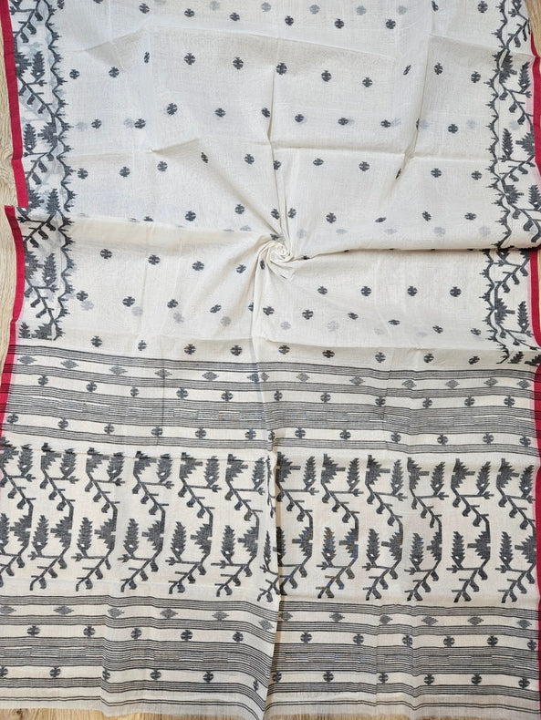 White & Black Traditional Handwoven Cotton Jamdani Saree Balaram Saha