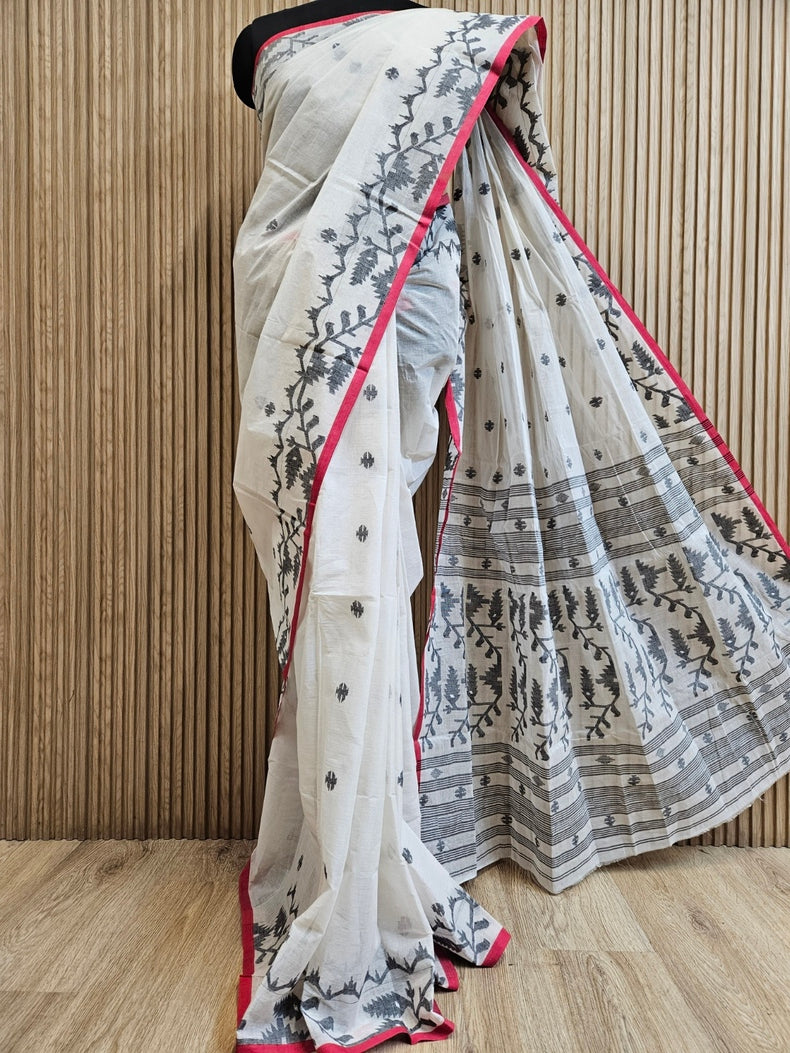 White & Black Traditional Handwoven Cotton Jamdani Saree Balaram Saha