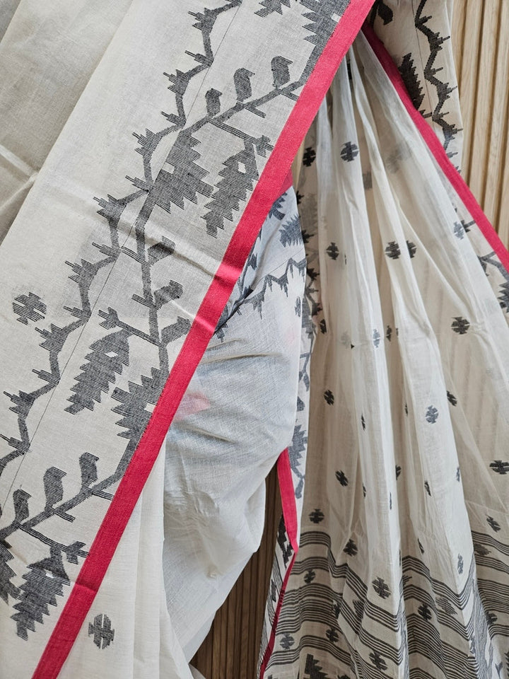White & Black Traditional Handwoven Cotton Jamdani Saree Balaram Saha
