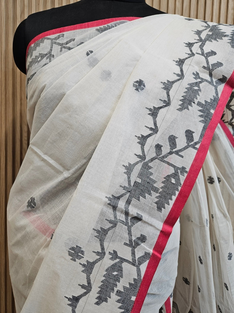 White & Black Traditional Handwoven Cotton Jamdani Saree Balaram Saha