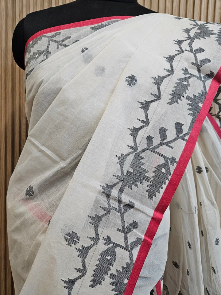 White & Black Traditional Handwoven Cotton Jamdani Saree Balaram Saha