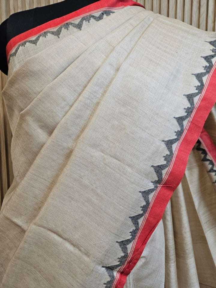 Beige & Red Handwoven Gachhi Tussar Silk Jamdani Saree Balaram Saha