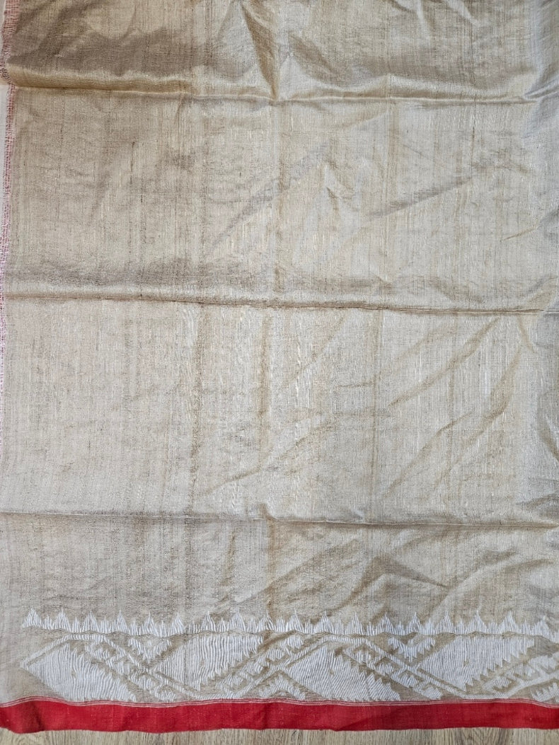 Beige & White Handwoven Gachhi Tussar Silk traditional Jamdani Saree Balaram Saha