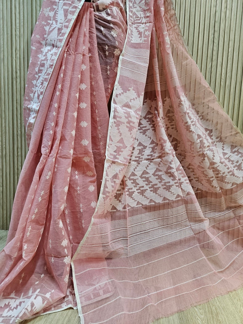 Balaram Saha's Summer Glow: Peach Bangladesh Cotton Jamdani Saree Balaram Saha