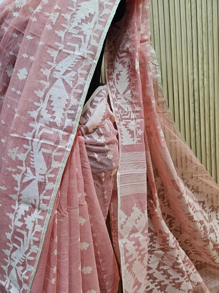 Balaram Saha's Summer Glow: Peach Bangladesh Cotton Jamdani Saree Balaram Saha