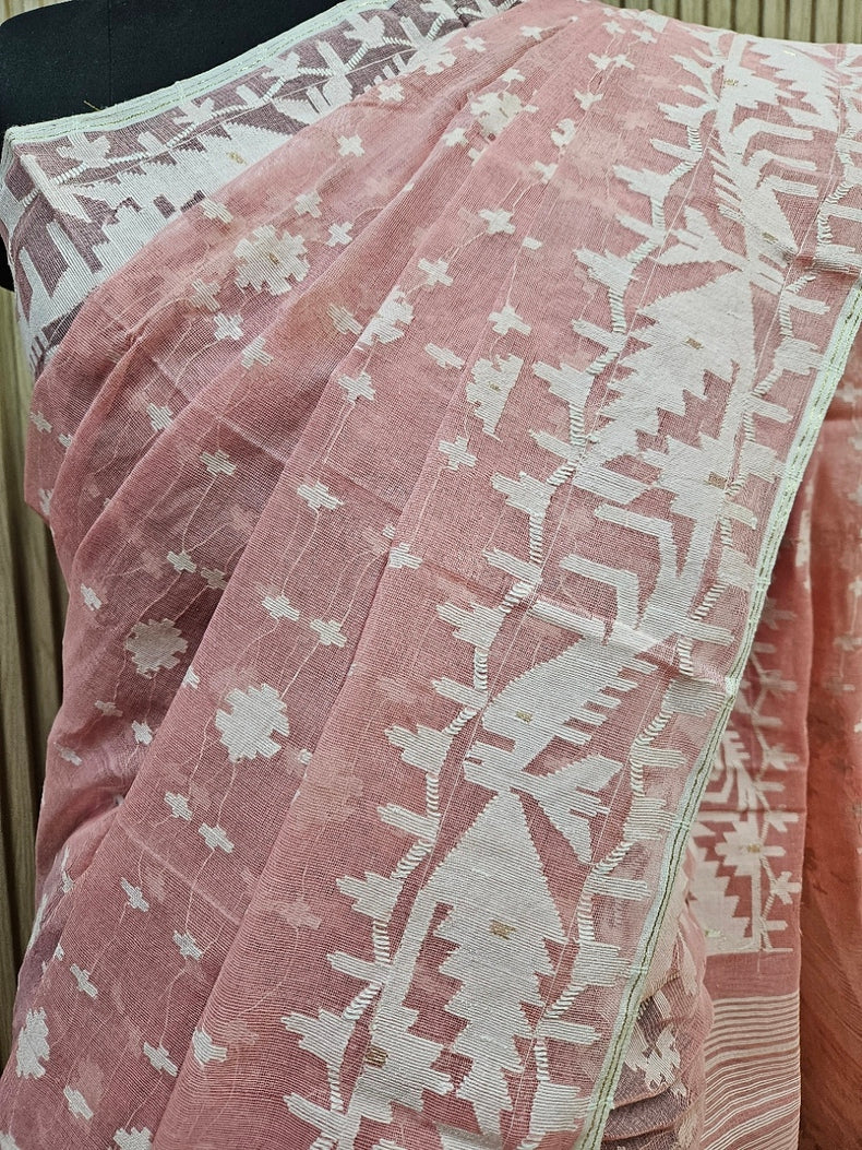 Balaram Saha's Summer Glow: Peach Bangladesh Cotton Jamdani Saree Balaram Saha
