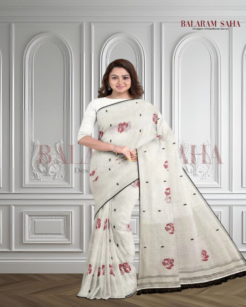 Off White Handloom Fine Cotton Handwoven Jamdani Saree Balaram Saha
