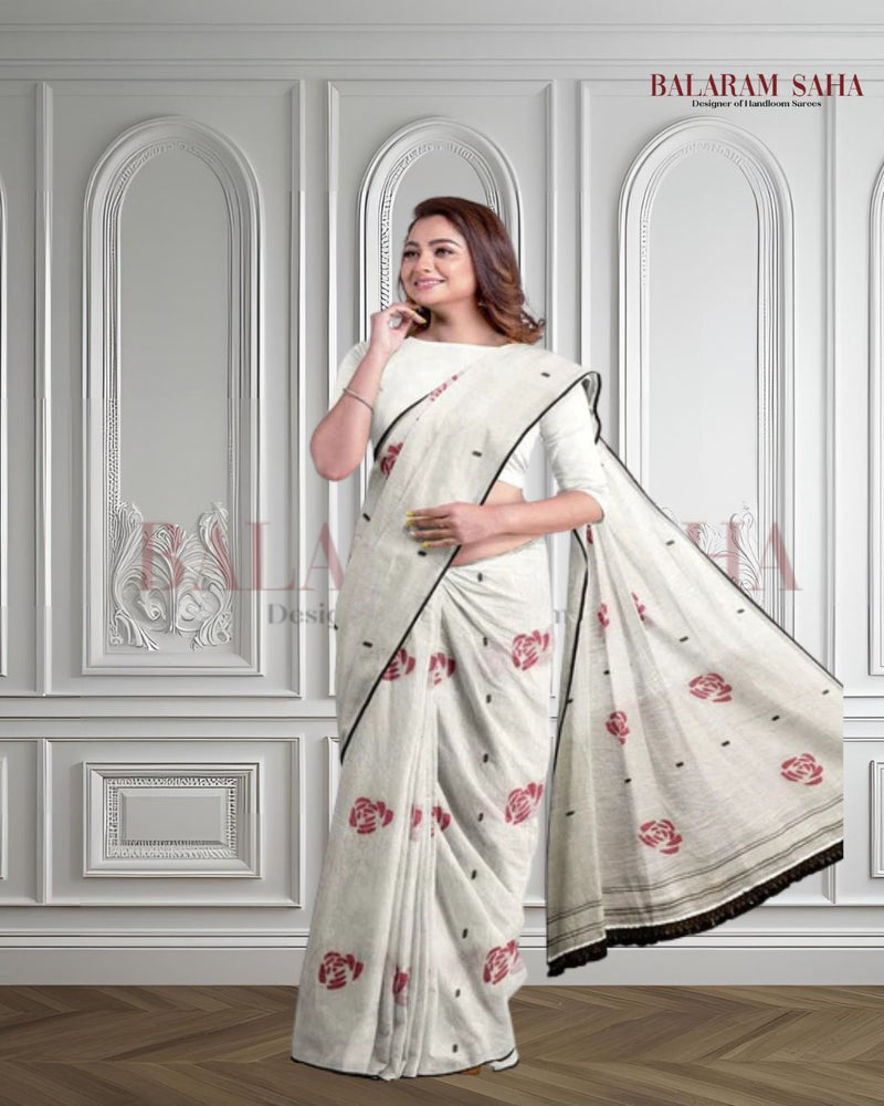 Off White Handloom Fine Cotton Handwoven Jamdani Saree Balaram Saha