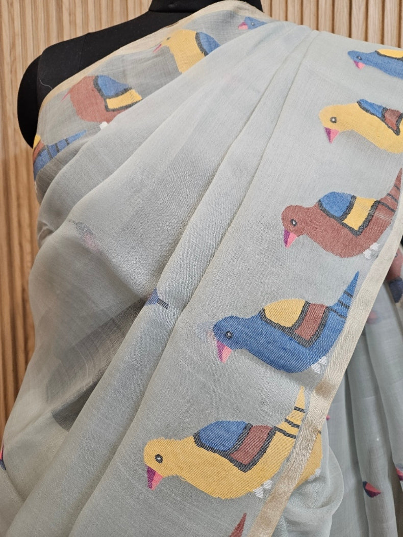 Grey & Multi Handwoven Muslin Silk Jamdani Saree with Colorful Bird Motifs Balaram Saha
