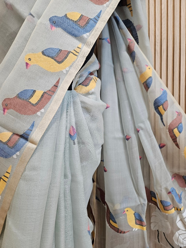 Grey & Multi Handwoven Muslin Silk Jamdani Saree with Colorful Bird Motifs Balaram Saha