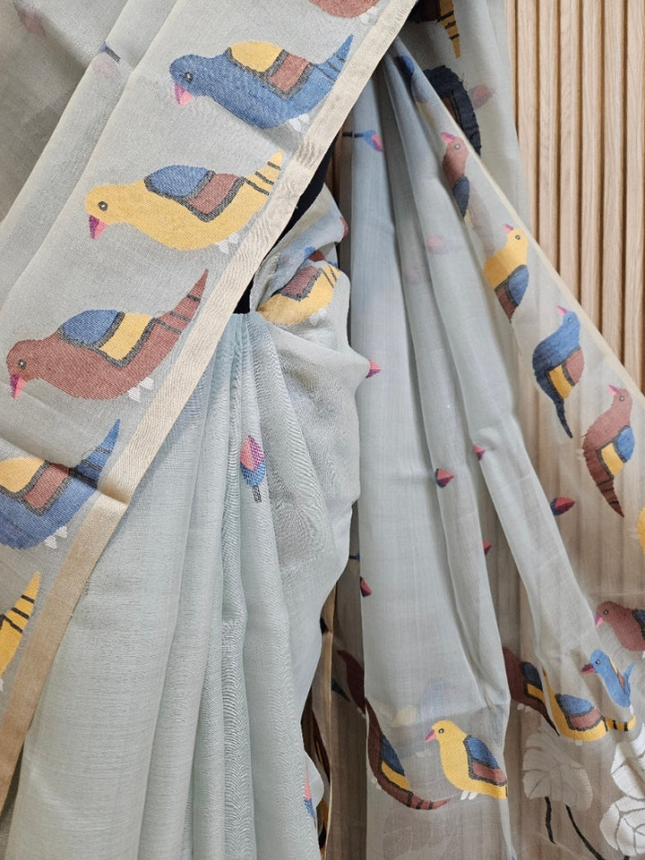 Grey & Multi Handwoven Muslin Silk Jamdani Saree with Colorful Bird Motifs Balaram Saha