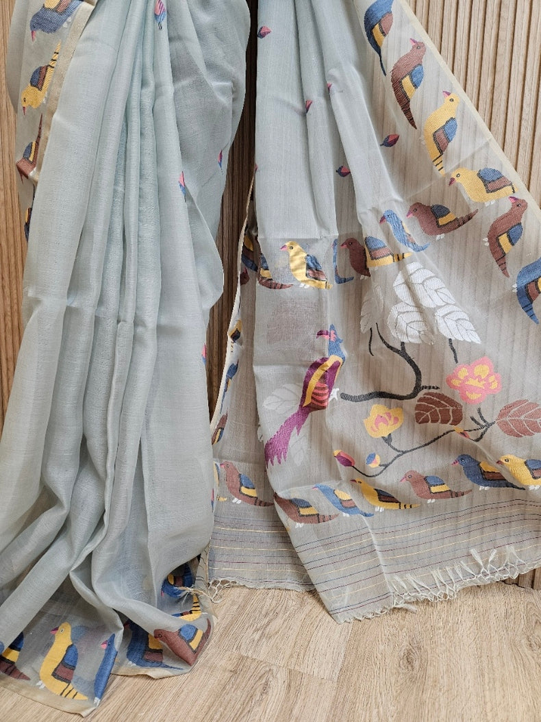 Grey & Multi Handwoven Muslin Silk Jamdani Saree with Colorful Bird Motifs Balaram Saha