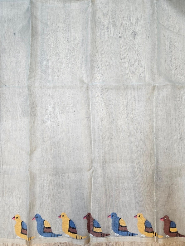 Grey & Multi Handwoven Muslin Silk Jamdani Saree with Colorful Bird Motifs Balaram Saha