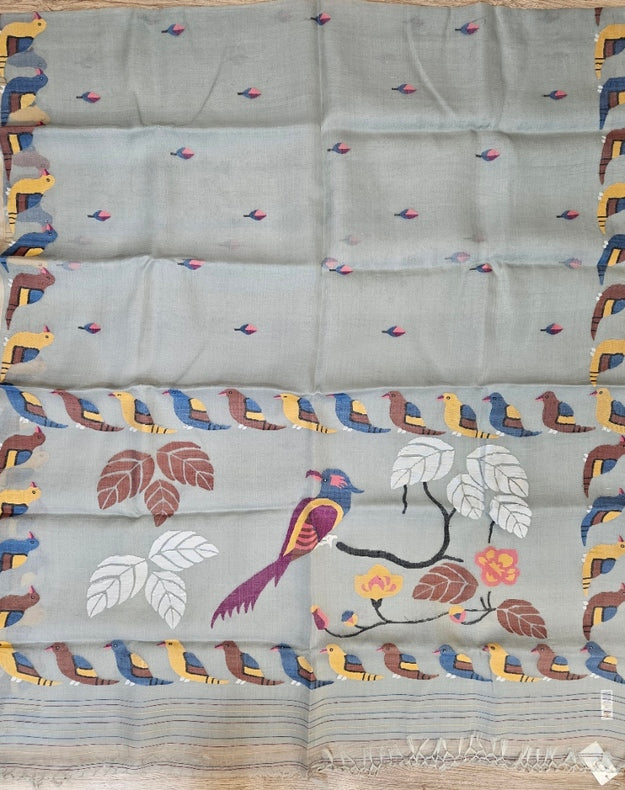 Grey & Multi Handwoven Muslin Silk Jamdani Saree with Colorful Bird Motifs Balaram Saha