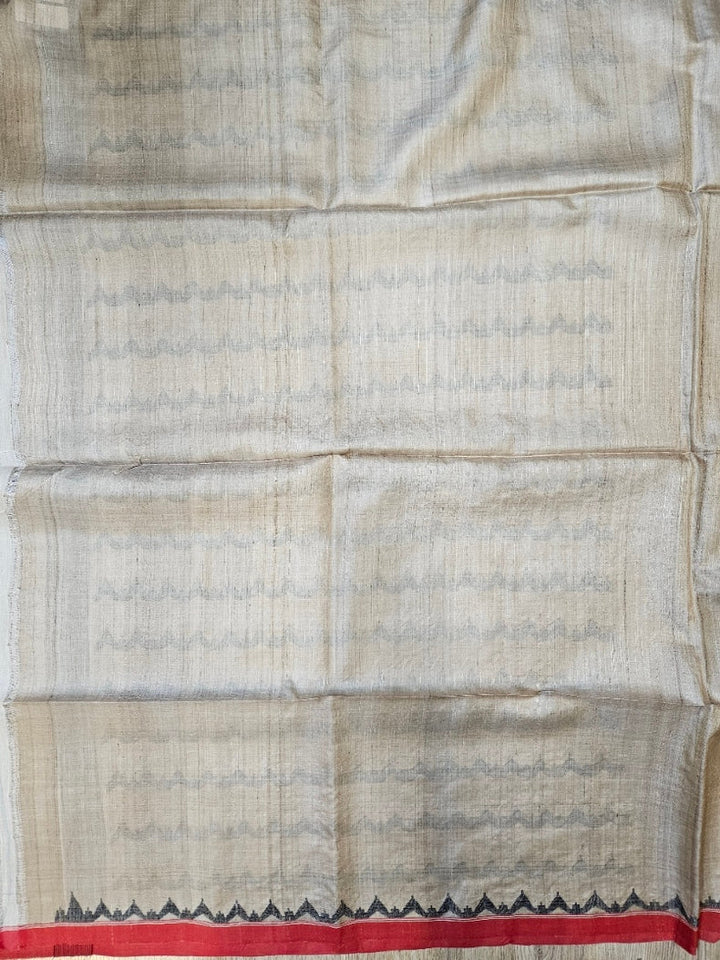 Beige & Red Handwoven Gachhi Tussar Silk Jamdani Saree Balaram Saha