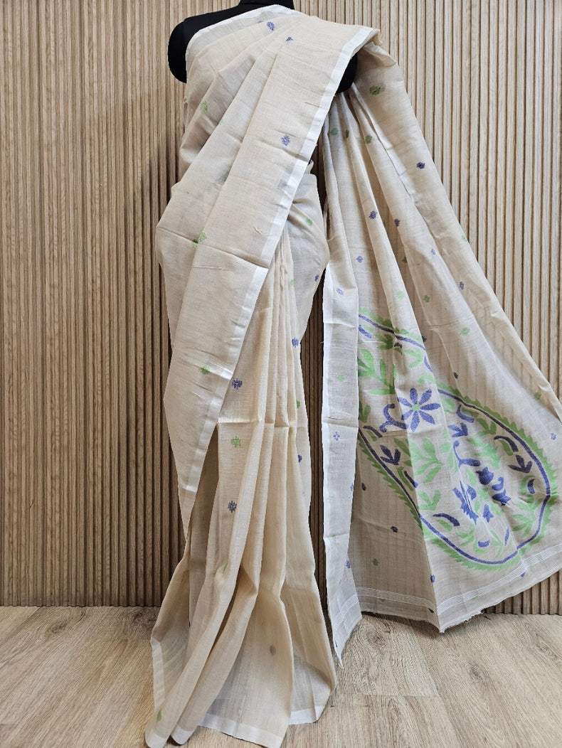 Beige Handwoven Tuissar Silk Jamdani Saree Balaram Saha