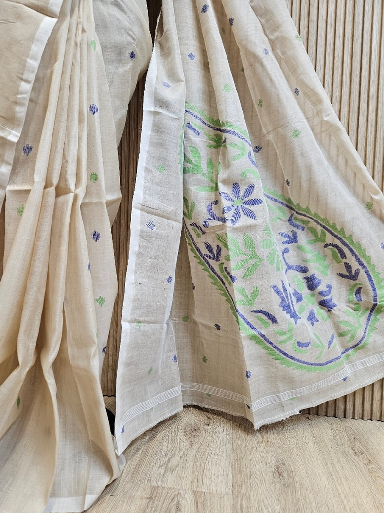 Beige Handwoven Tuissar Silk Jamdani Saree Balaram Saha