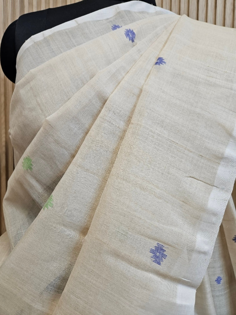 Beige Handwoven Tuissar Silk Jamdani Saree Balaram Saha
