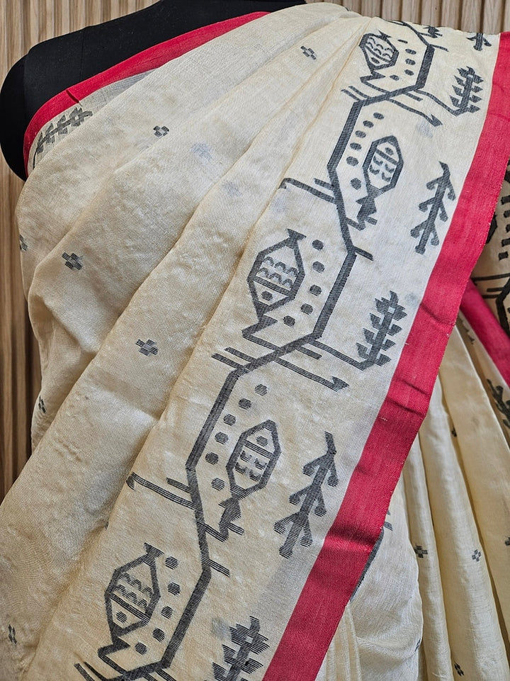 Cream & Red Handloom Tussar Silk Saree with Red Contrast Border and Black Fish Motif Balaram Saha