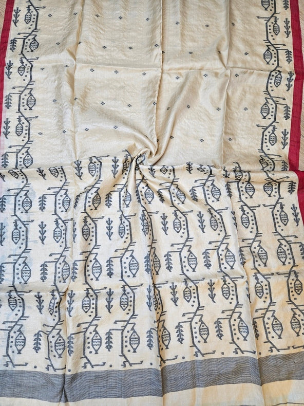 Cream & Red Handloom Tussar Silk Saree with Red Contrast Border and Black Fish Motif Balaram Saha