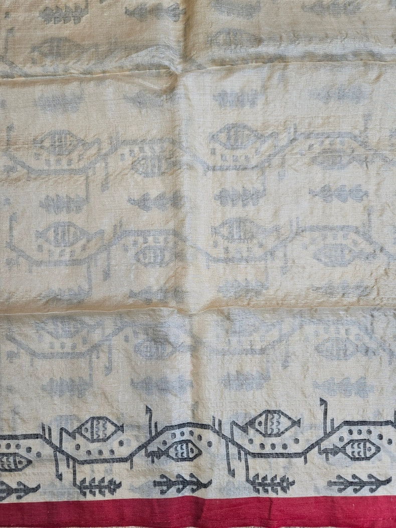 Cream & Red Handloom Tussar Silk Saree with Red Contrast Border and Black Fish Motif Balaram Saha