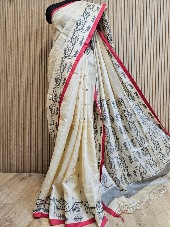 Cream & Red Handloom Tussar Silk Saree with Red Contrast Border and Black Fish Motif Balaram Saha